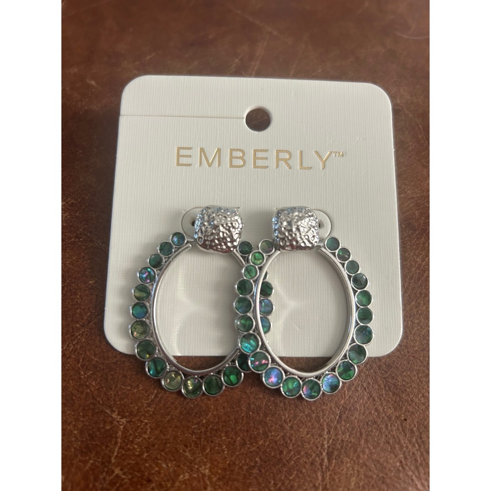 Emberly Silver Tone Iridescent Green Blue Faux Abalone Hoop Statement Earrings